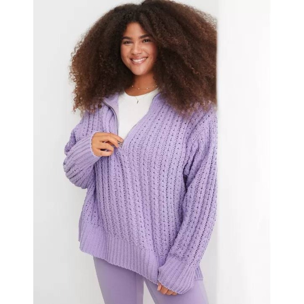 Aerie Cablecar Purple Chunky Knit Quarter Zip Sweater Oversized Women's M